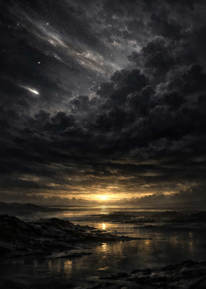 Dramatic Sunset Over Rocky Shoreline