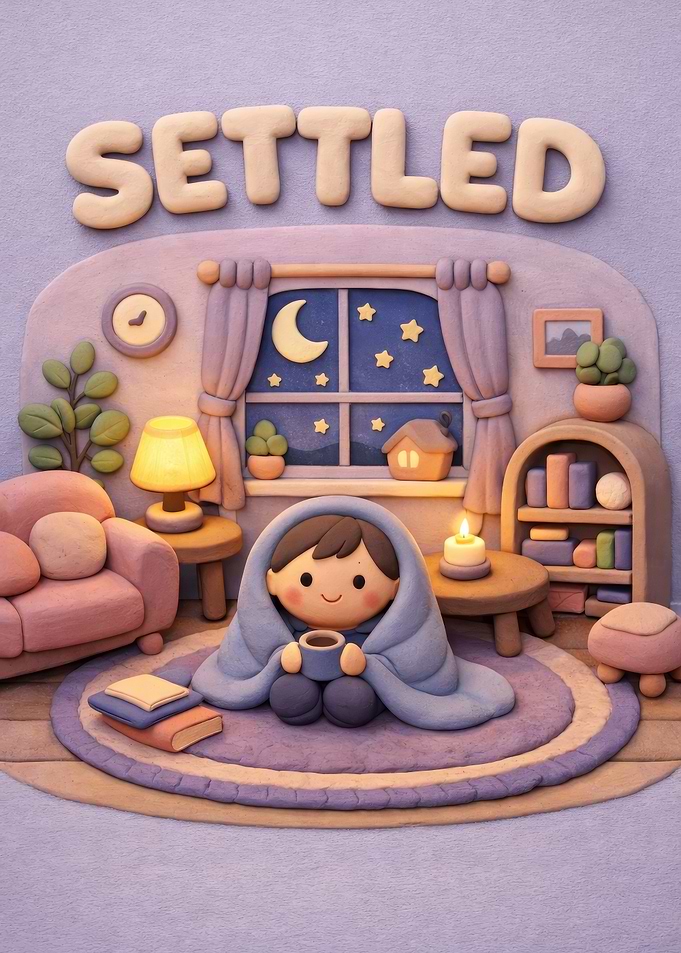Cozy Night Scene with 'Settled' Text