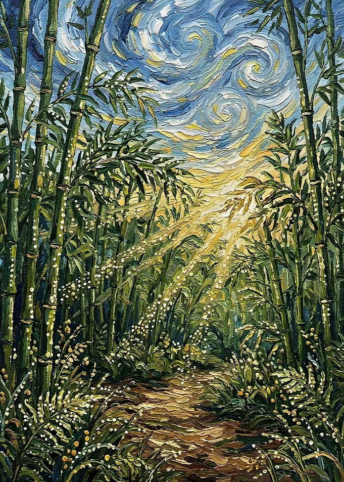 Bamboo Forest Path with Starry Sky