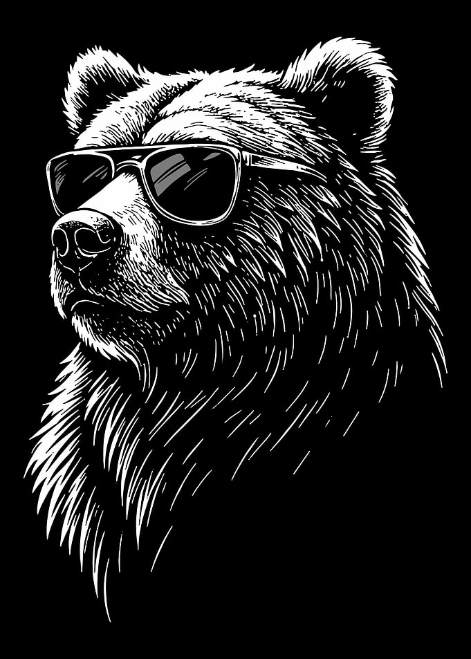 Cool Bear Poster, Black and White Bear with Sunglasses Art, Edgy Animal Wall Print
