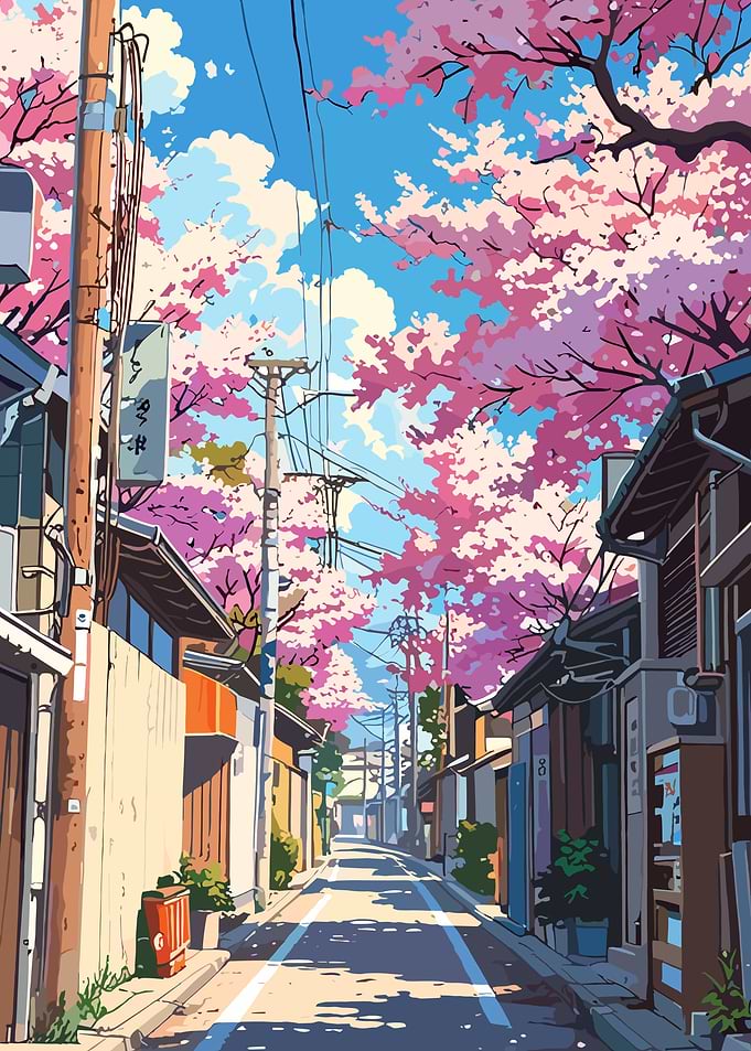 Anime Street with Cherry Blossoms