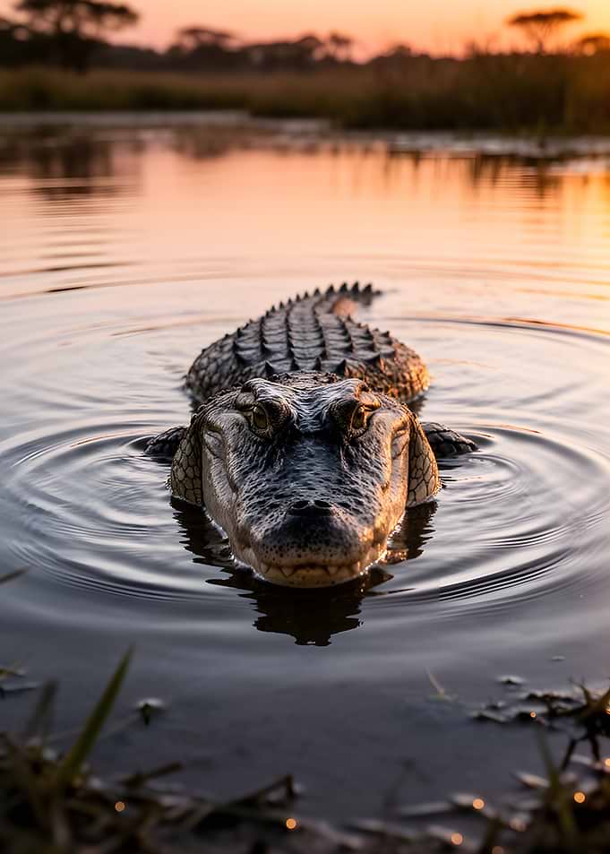 Alligator in water at sunset