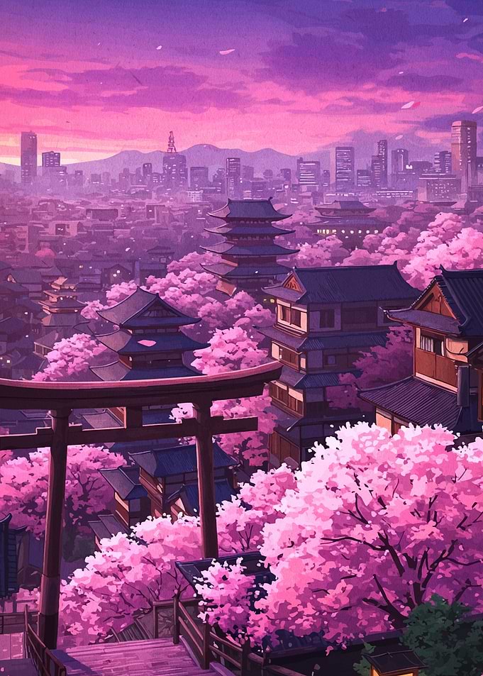 Anime Cityscape with Cherry Blossoms