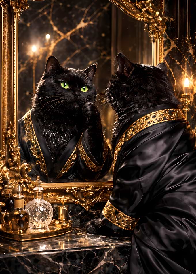 Majestic Black Cat Looking in Mirror Luxury Spa Decor