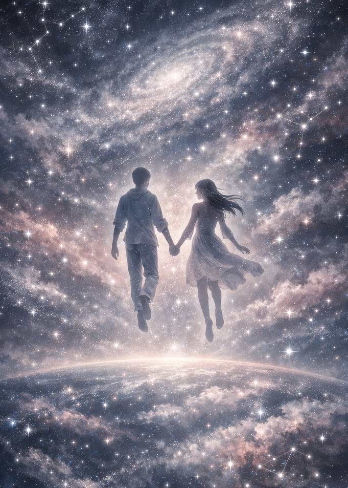 Couple floating in space