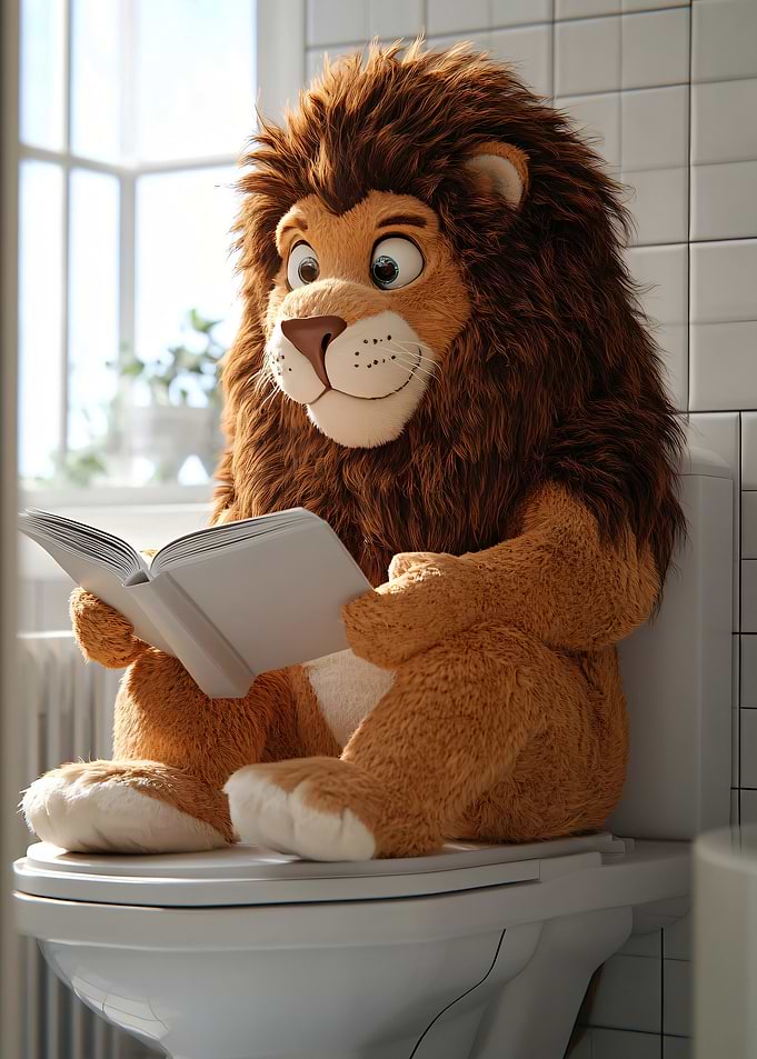 Plush Lion Reading on Toilet