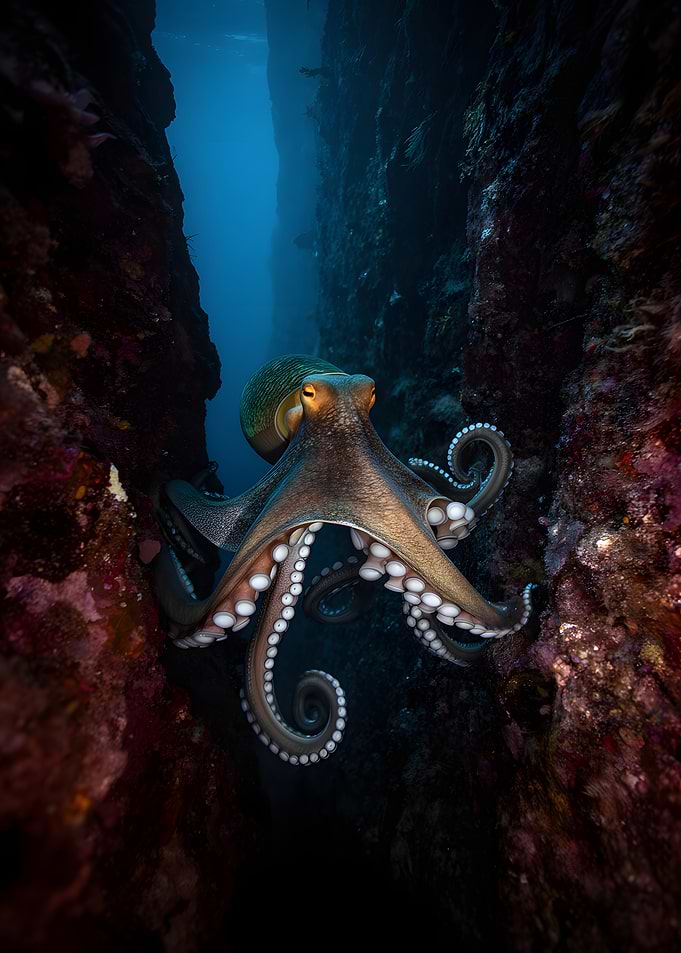 Octopus in a rocky underwater crevice