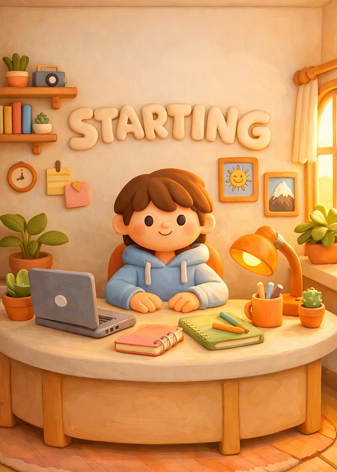 Cute character studying at desk