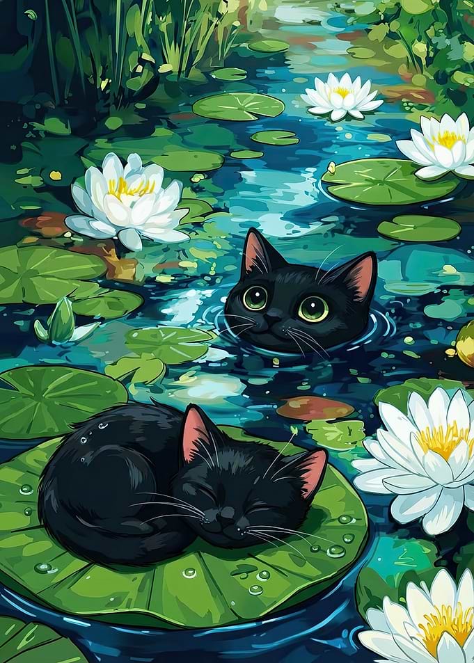 Black Cats in a Lily Pond