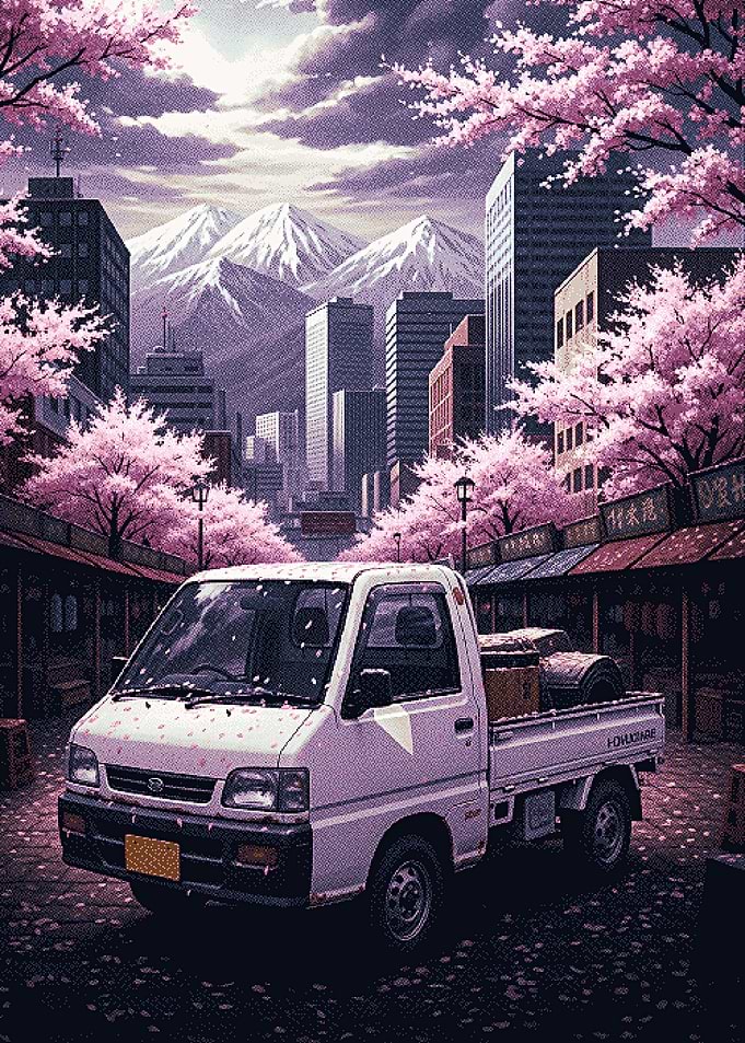 Truck in Cherry Blossom Cityscape