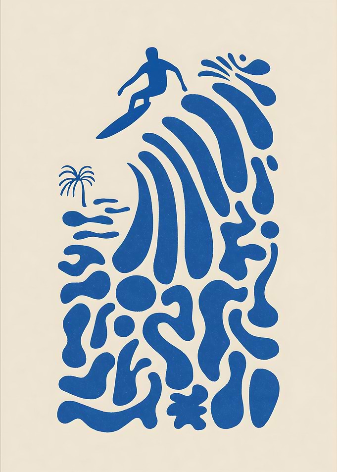 Surfer Riding a Blue Wave