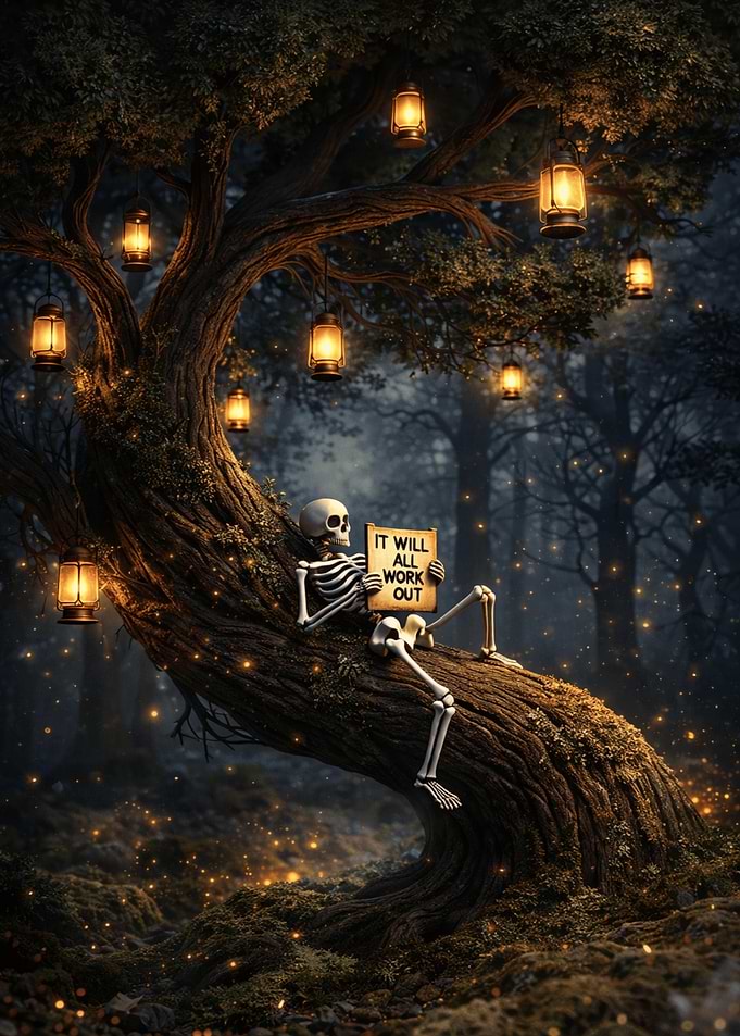 Skeleton Reading Sign on Tree