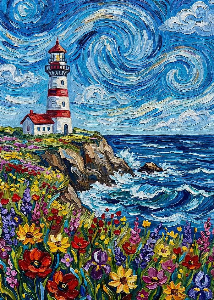 Lighthouse on a Cliff with Wildflowers