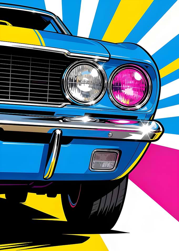 Retro Muscle Car Front With Bold Pop Art Colors