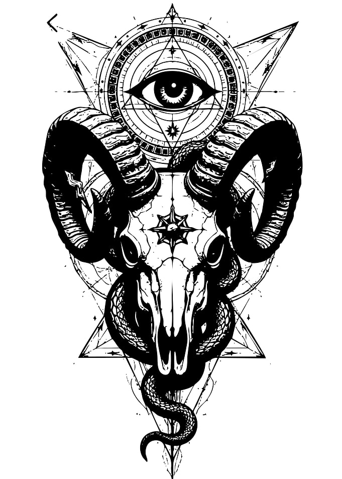 Occult Ram Skull with Eye and Snake