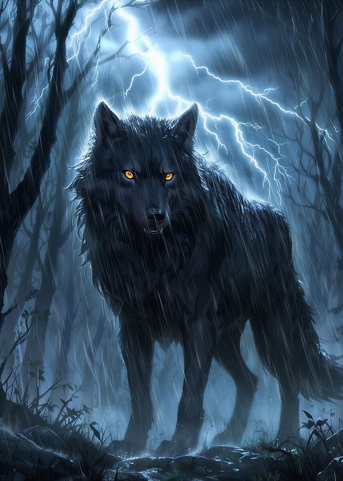 Black wolf in a thunderstorm