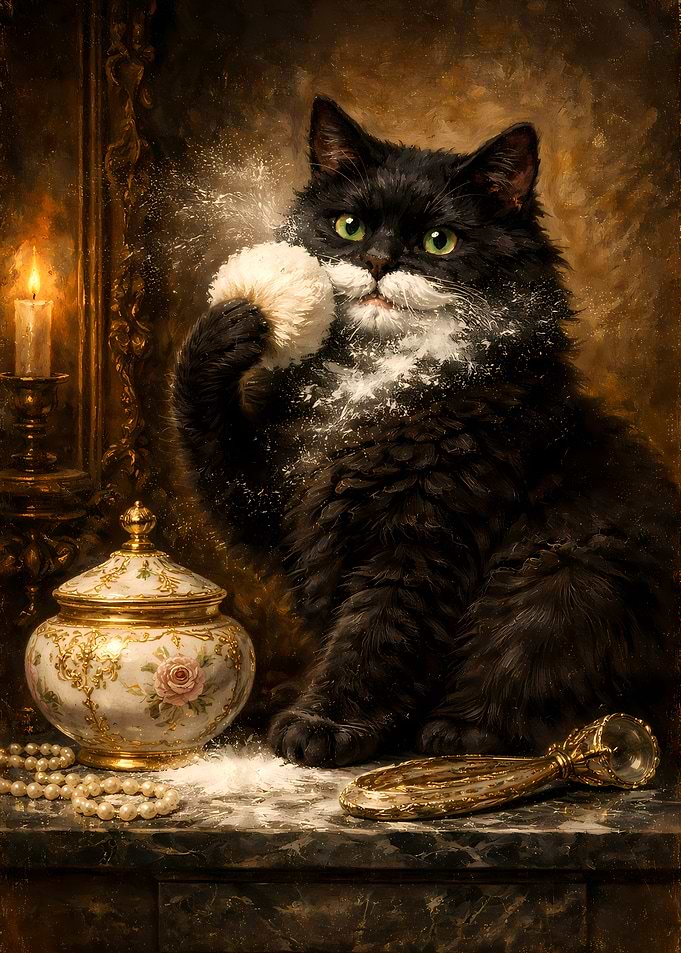 Black Cat Powdering Face Restroom Oil Painting