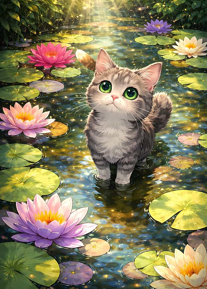 Cute Cat in a Lotus Pond
