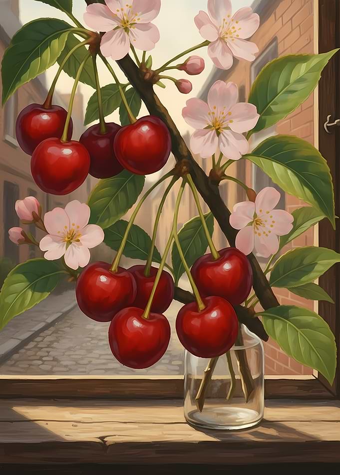 Cherries and Cherry Blossoms in a Vase