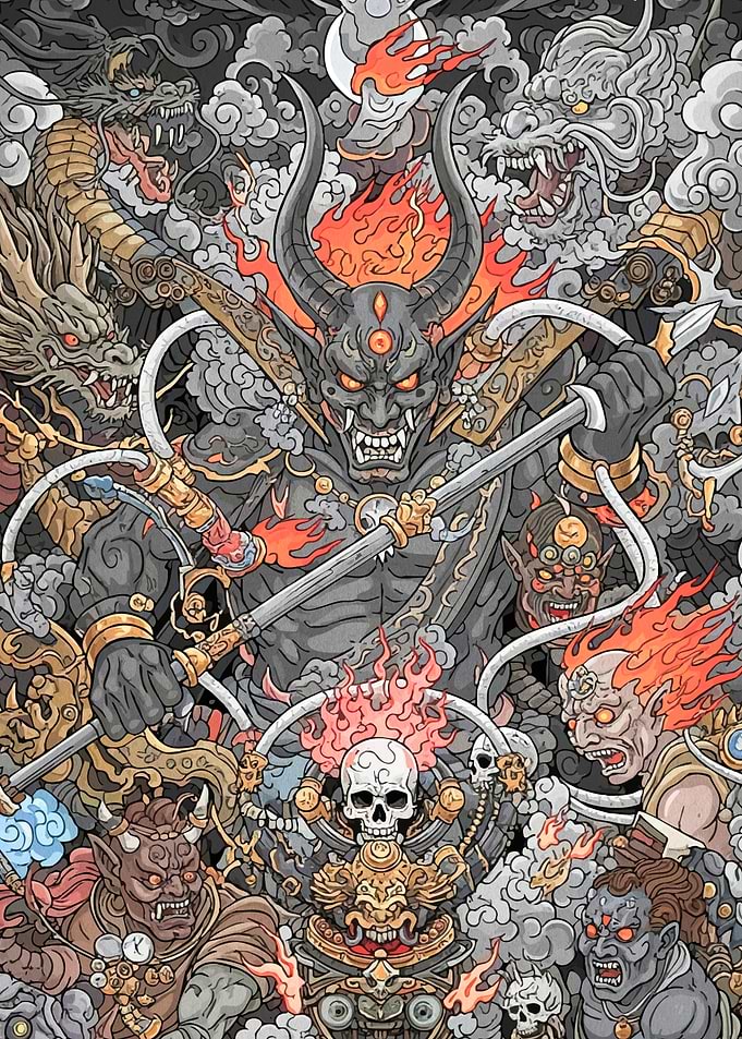 Demonic Warrior with Dragons and Skulls