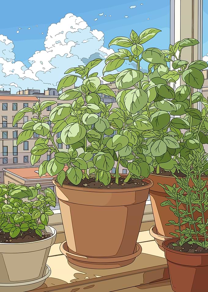 Potted Basil Plants on a Balcony