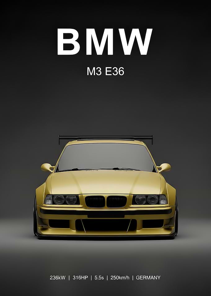 sport Yellow BMW M3 E36 Poster