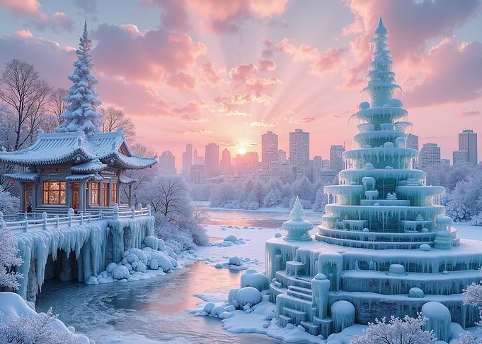 Winter Cityscape with Pagoda and Ice Fountain