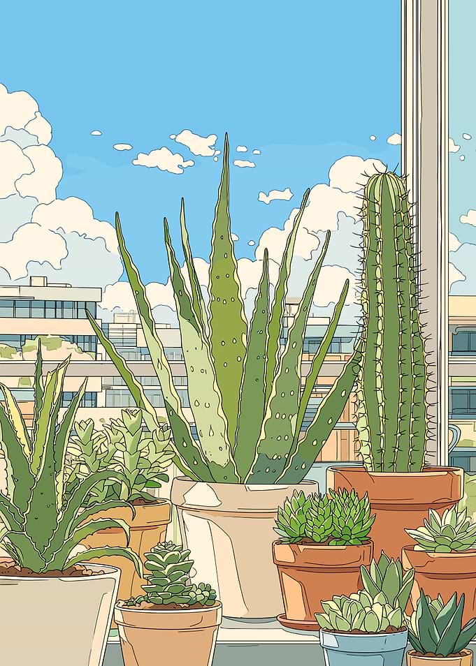 Potted Succulents and Cactus on a Balcony