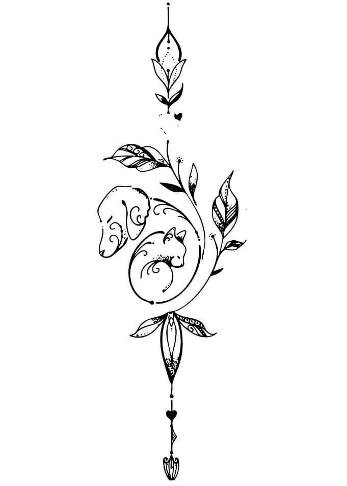Floral Tattoo Design with Dog and Cat