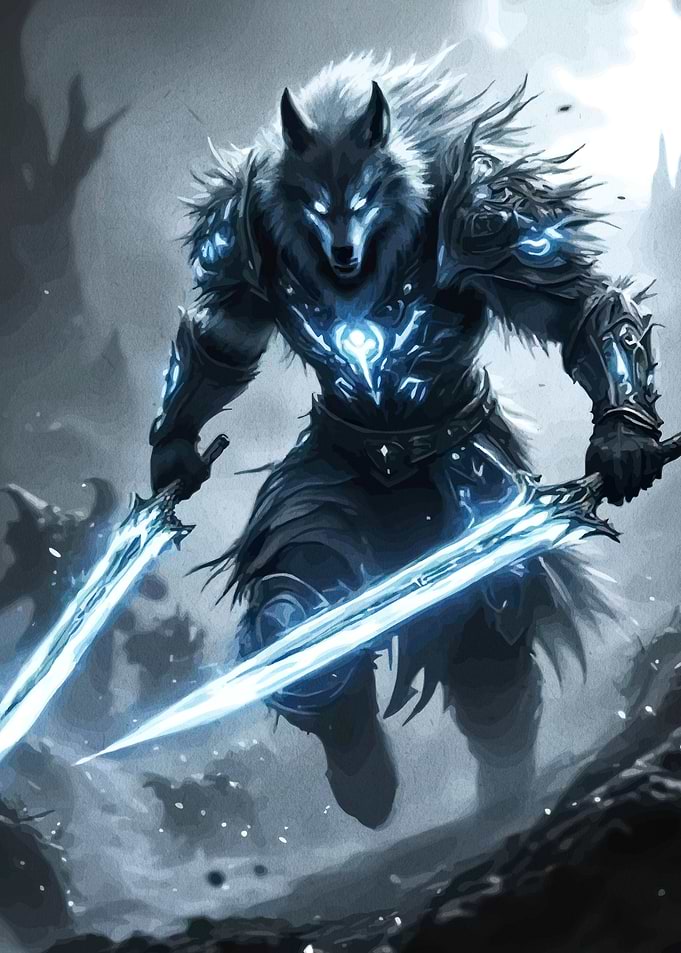 Werewolf Warrior with Glowing Swords