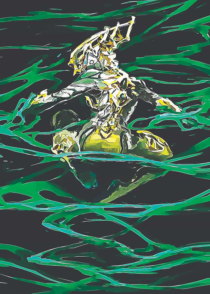 Warframe Figure in Green Swirls