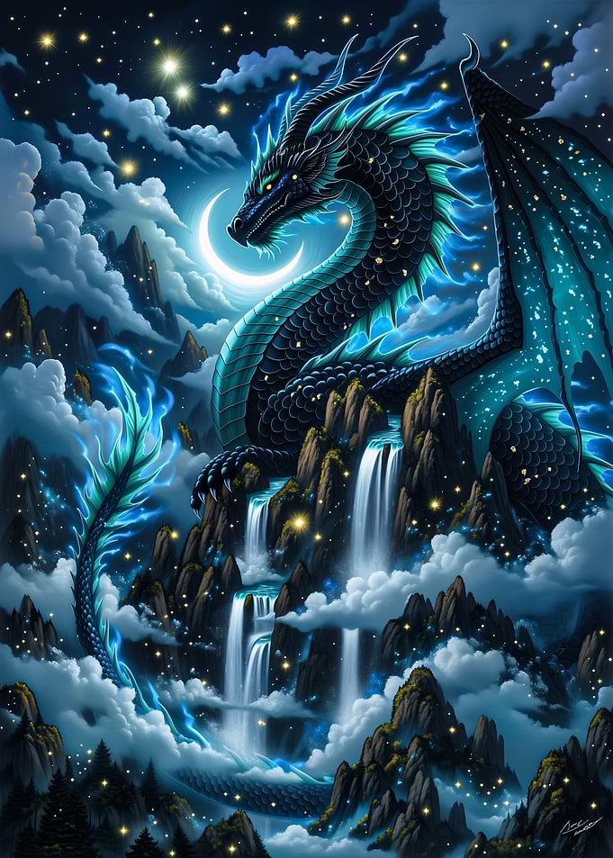 Dragon Over Waterfalls Under Moonlit Sky