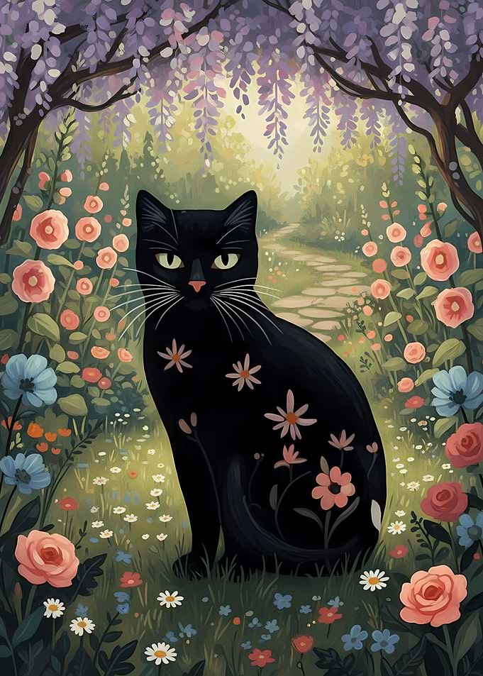 Black Cat in a Floral Garden