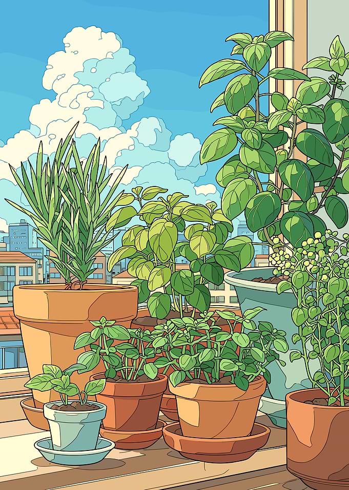 Potted plants on a balcony with city view