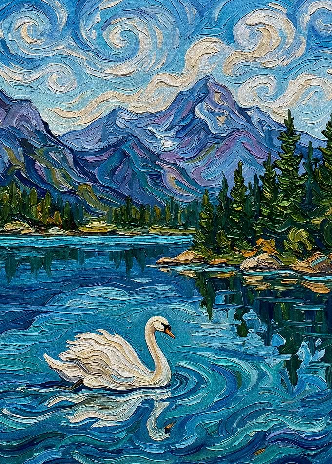 Swan on a lake with mountains