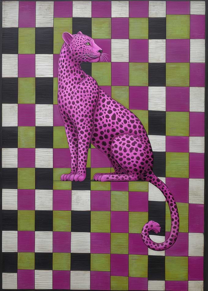 Pink Leopard on Checkerboard