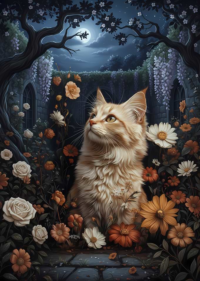 Cat in a moonlit floral garden