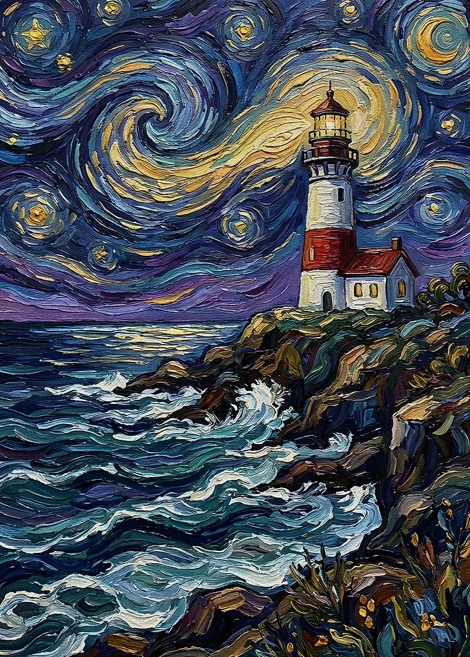 Starry Night Lighthouse Painting