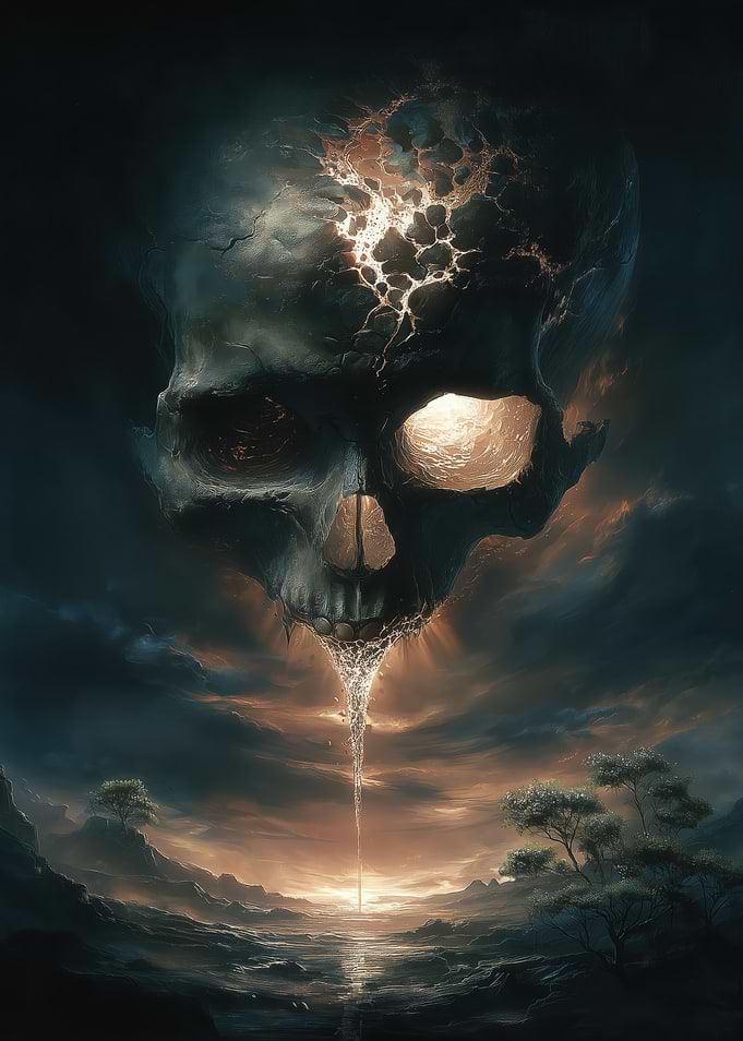 Ethereal Skull Over a Dark Landscape