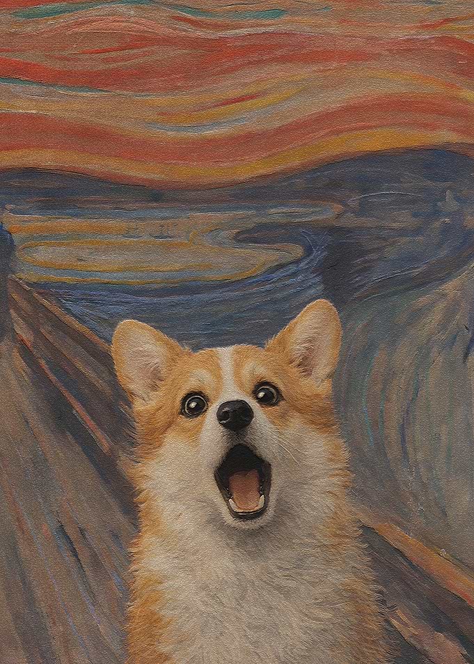 Corgi Screaming in front of Munch's The Scream