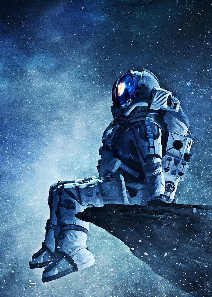 Astronaut sitting on cliff edge in space