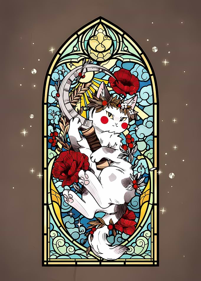 Stained Glass Cat with Scythe and Poppies