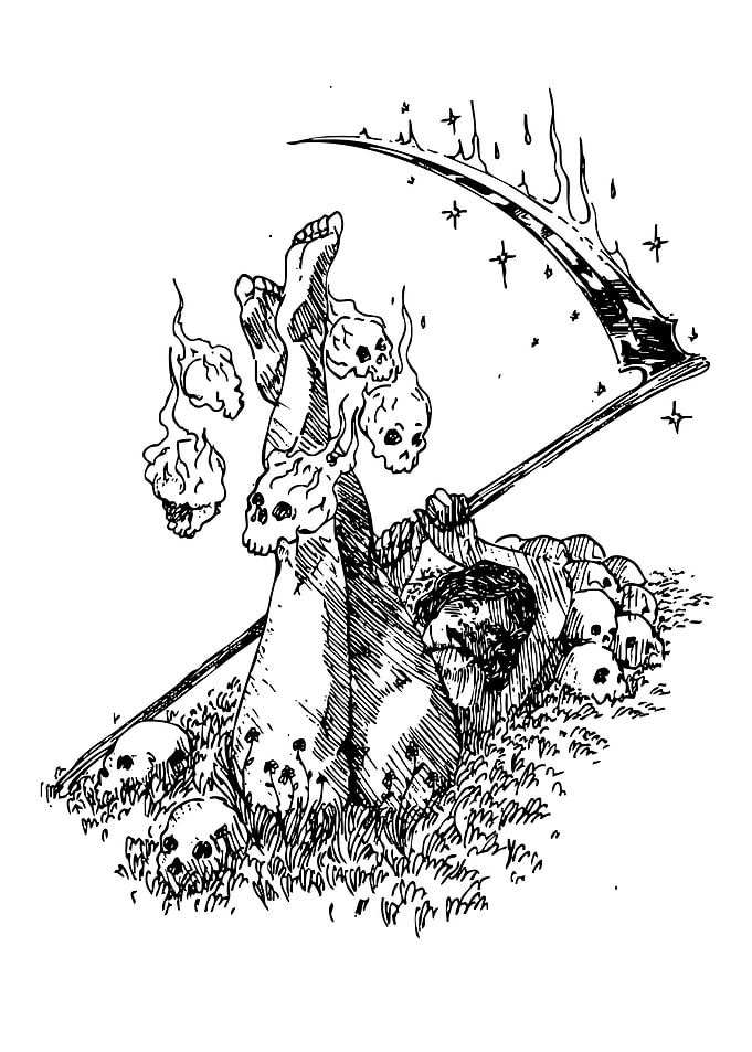 Grim Reaper with Flaming Scythe and Skulls