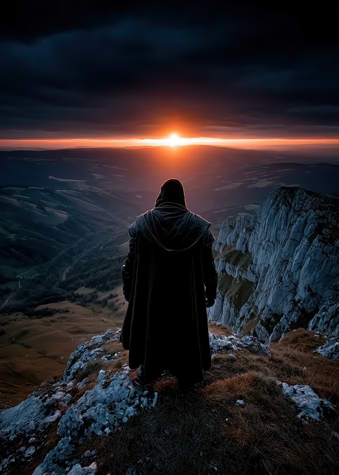 Figure in cloak watching sunset over mountains