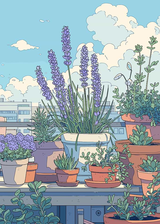 Balcony Garden with Lavender and Cityscape