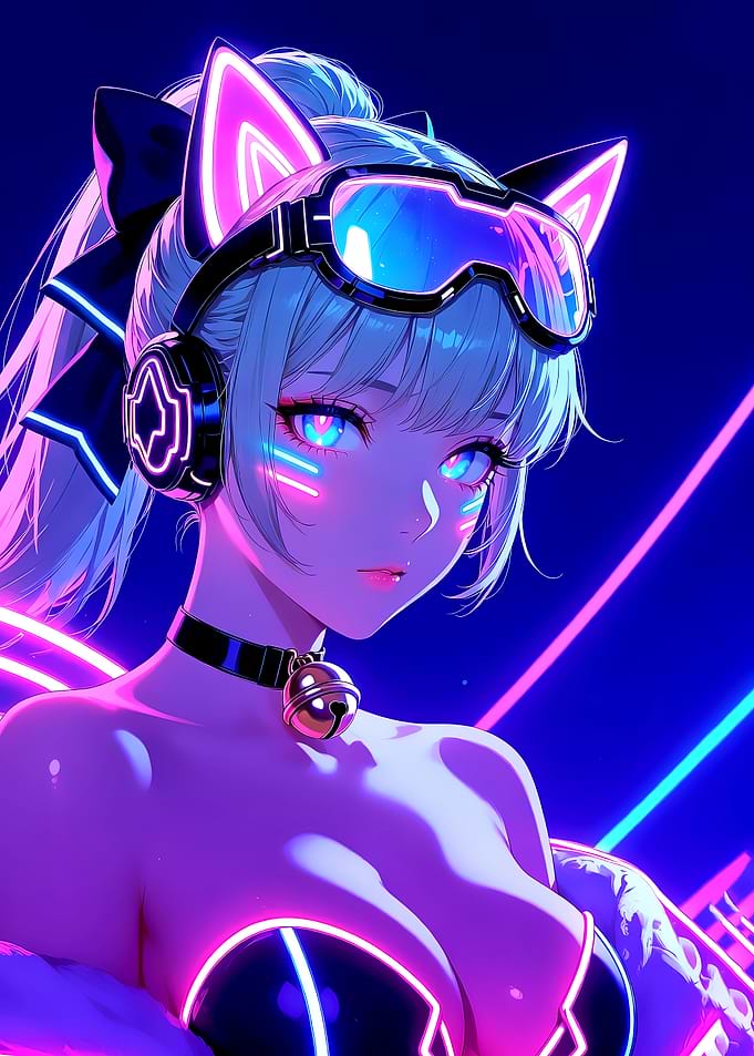 Cat Girl Anime with Neon Goggles