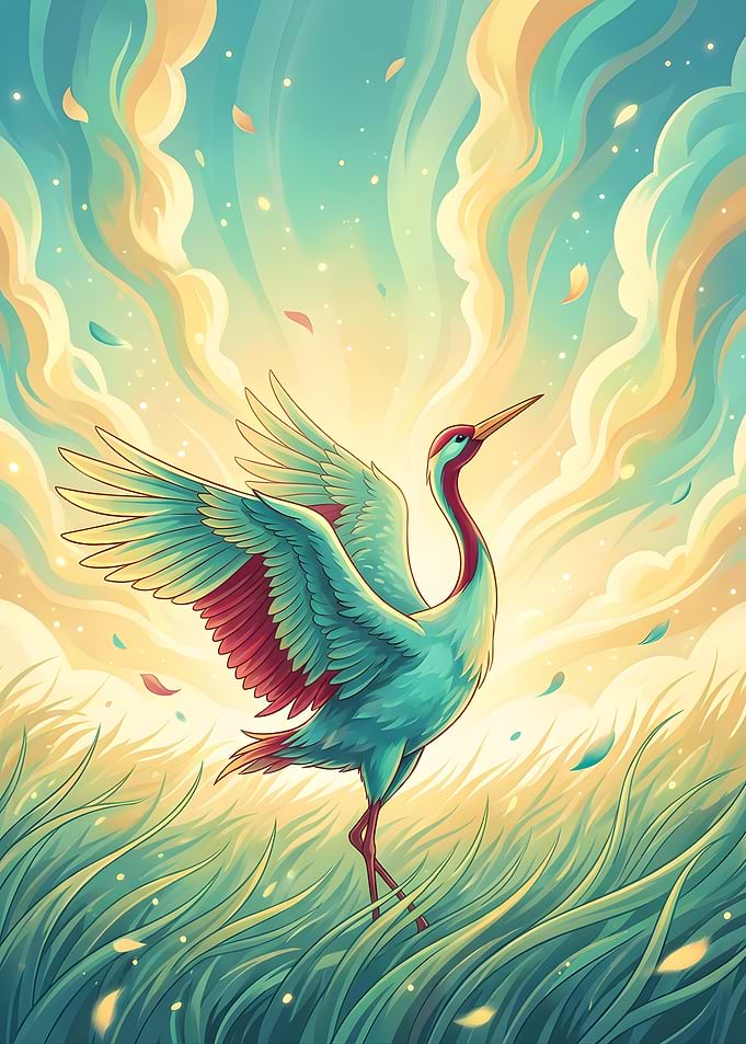 Crane in a mystical sky