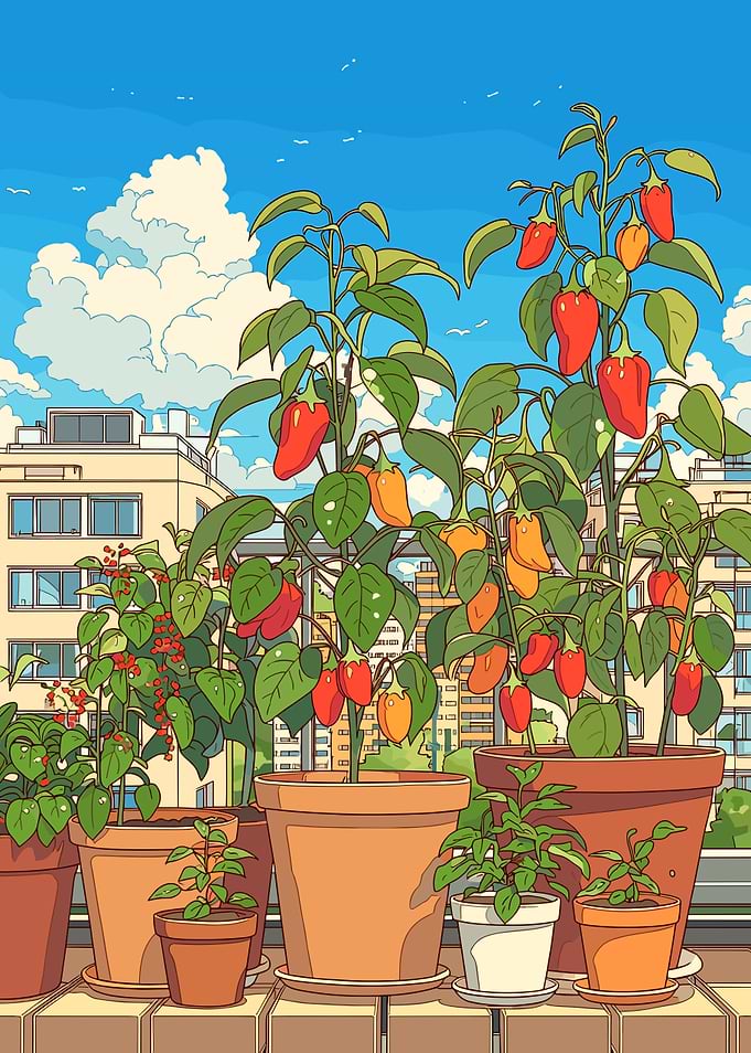 Balcony Garden with Peppers and Cityscape