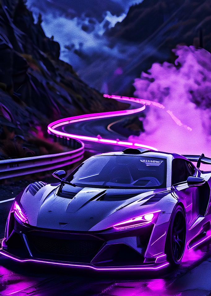 Neon Sports Car on Mountain Road