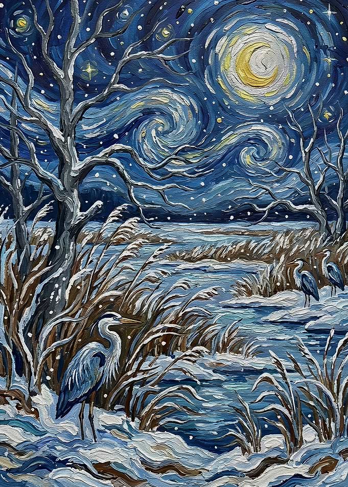 Herons in a Snowy Starry Night Landscape